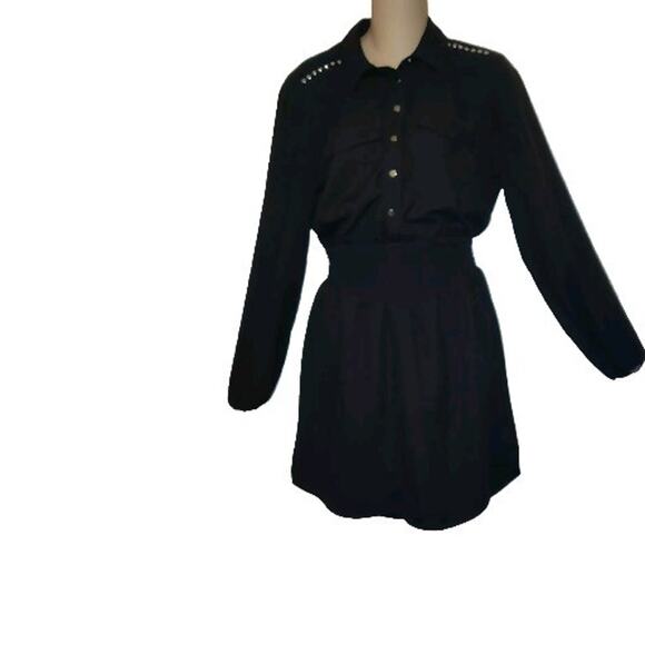 EXPRESS Black Shirt Dress Sz S Heavy Metal Silver Studs Smocked Waist Small - Picture 1 of 16
